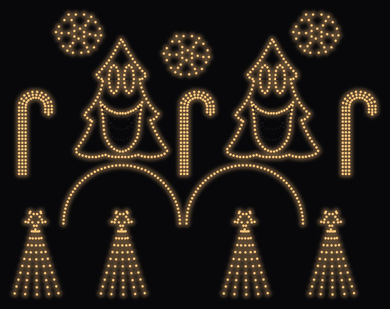 Layout of the package: candy canes, arches, mini trees with stars, snowflakes and two singing trees